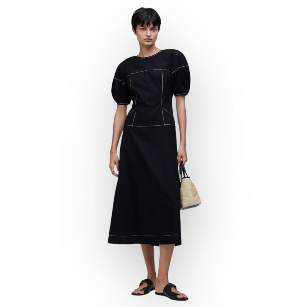 Madewell Jinni Puff-Sleeve Midi Dress Women's 0 Black Drop-Waist V-Back Nwt